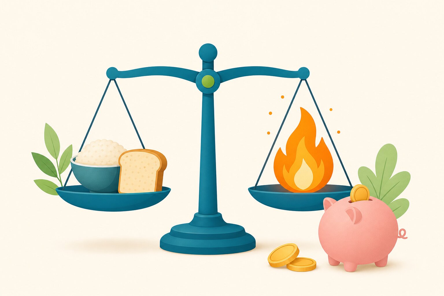食べ物と消費エネルギーを天秤にかけ、体脂肪が増減する仕組みを表したイラスト