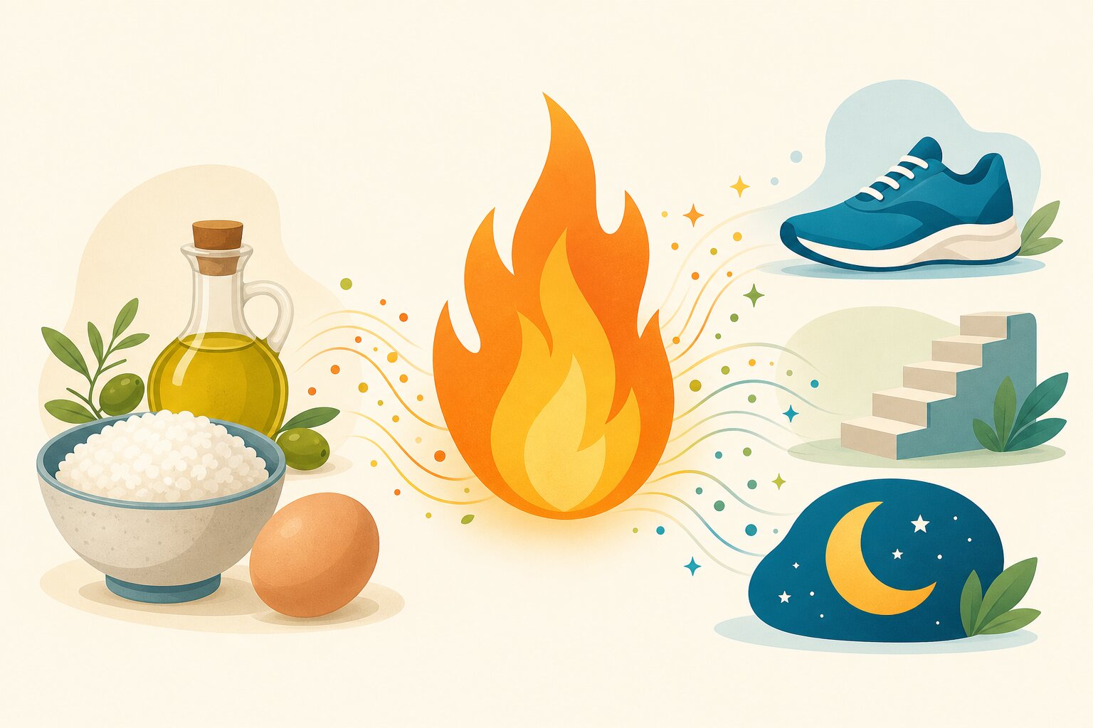 食べ物のエネルギーが炎になって燃えていくイラスト