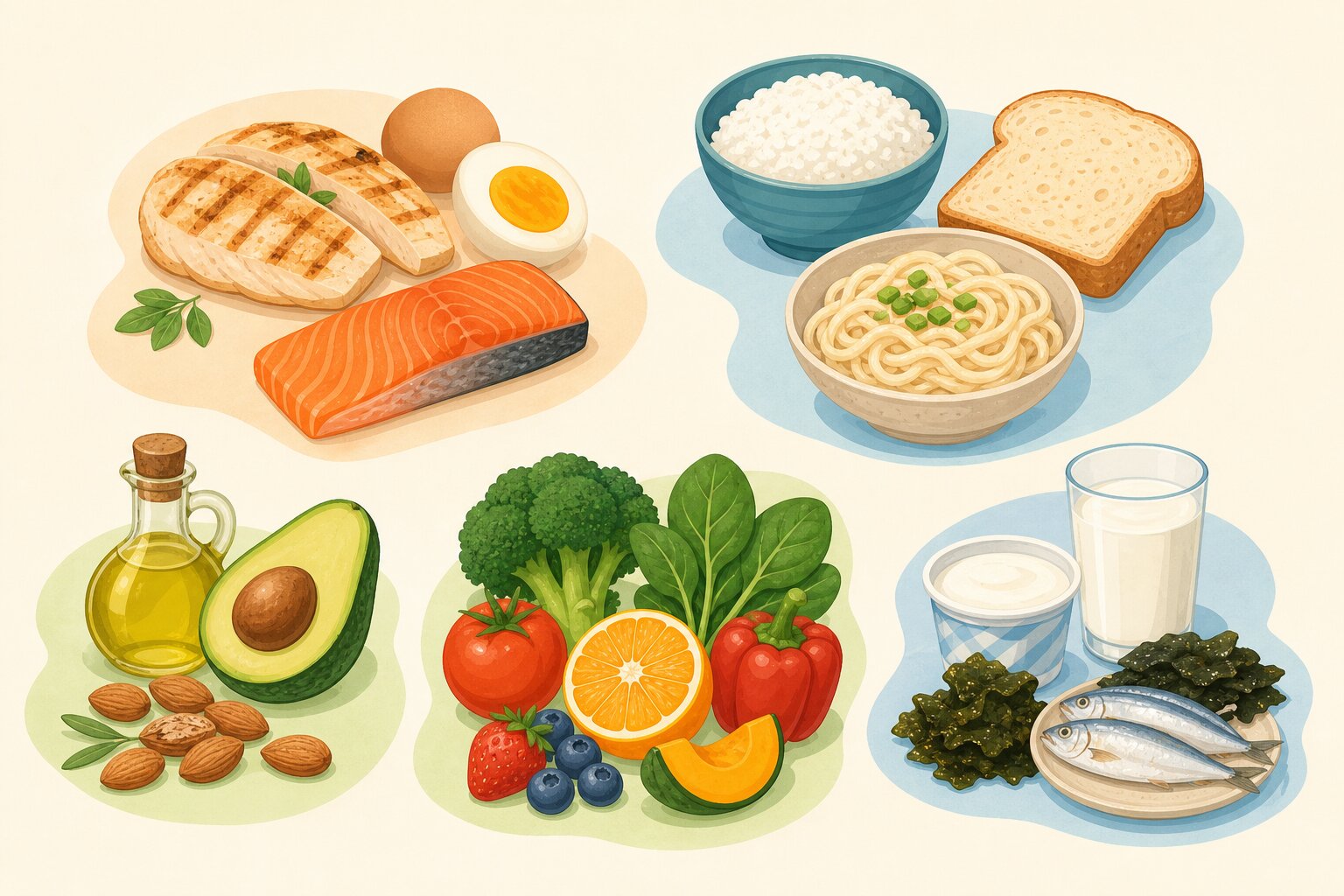 五大栄養素をグループごとに並べた食品のイラスト地図