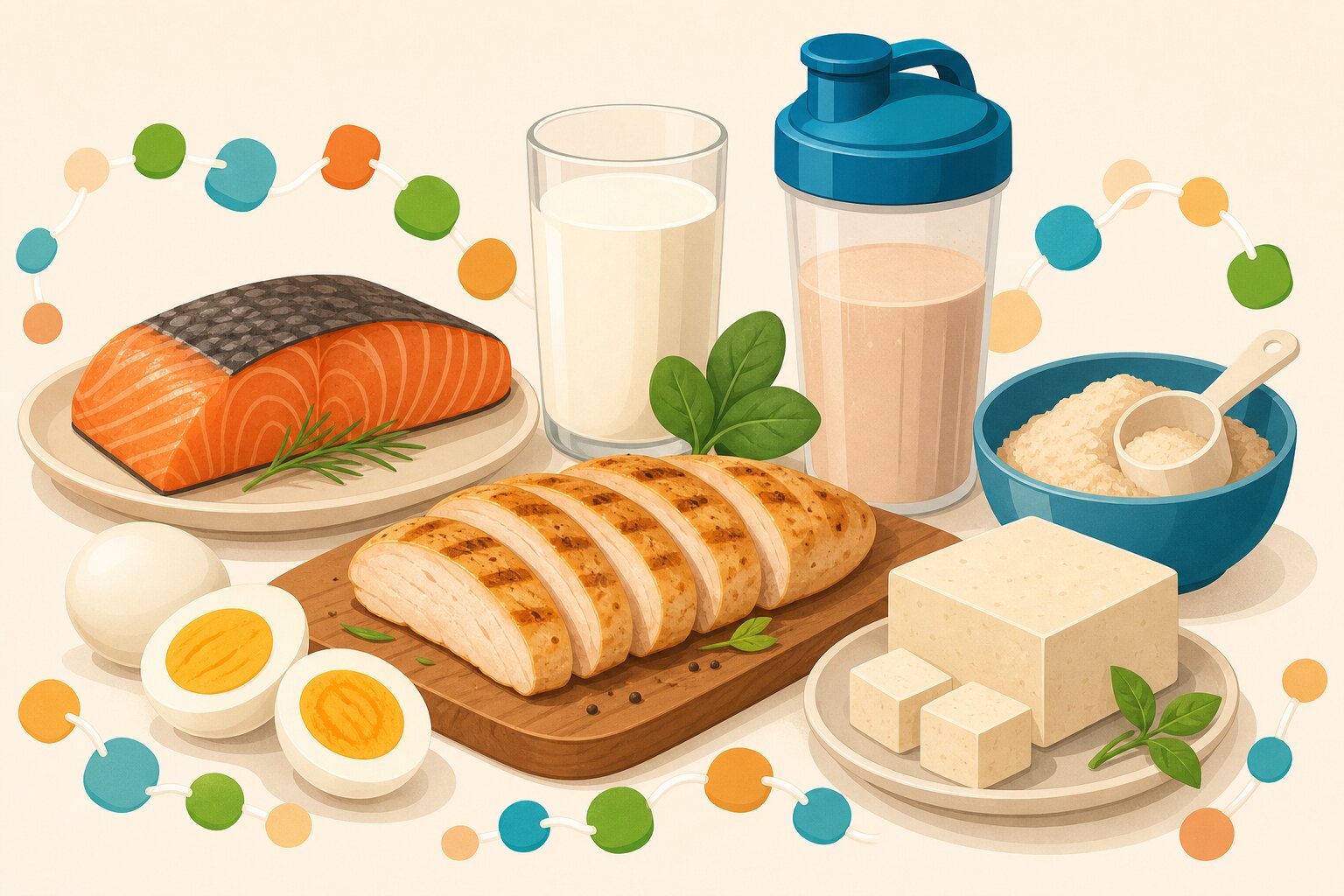 鶏むね肉・卵・魚・豆腐・プロテインなど高タンパク食品を並べたイラスト