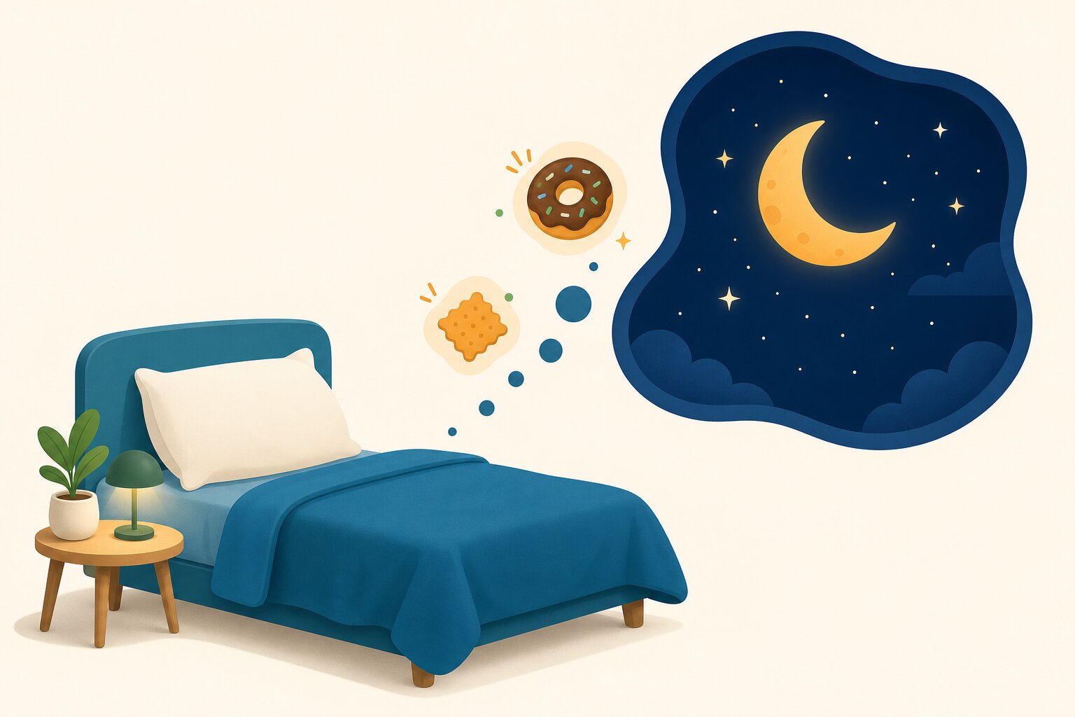 月と枕、夜に食欲がわく様子を表した睡眠と体重のイラスト