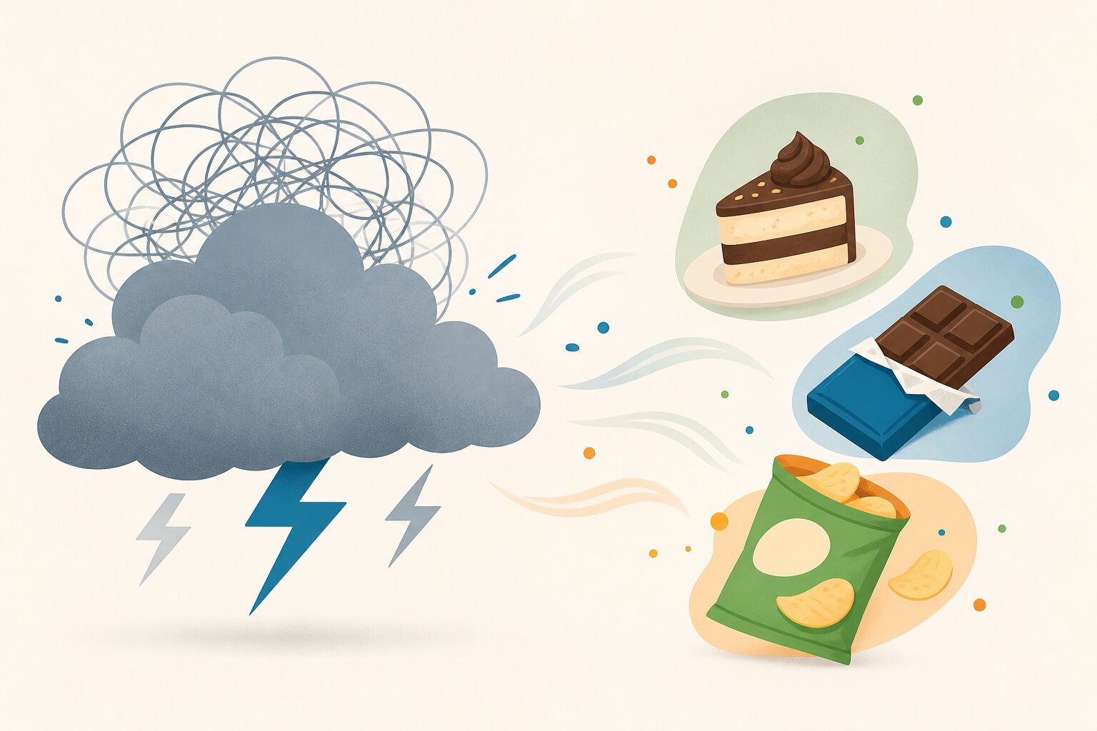 ストレスの雲とお菓子が引き寄せられる様子を表したイラスト